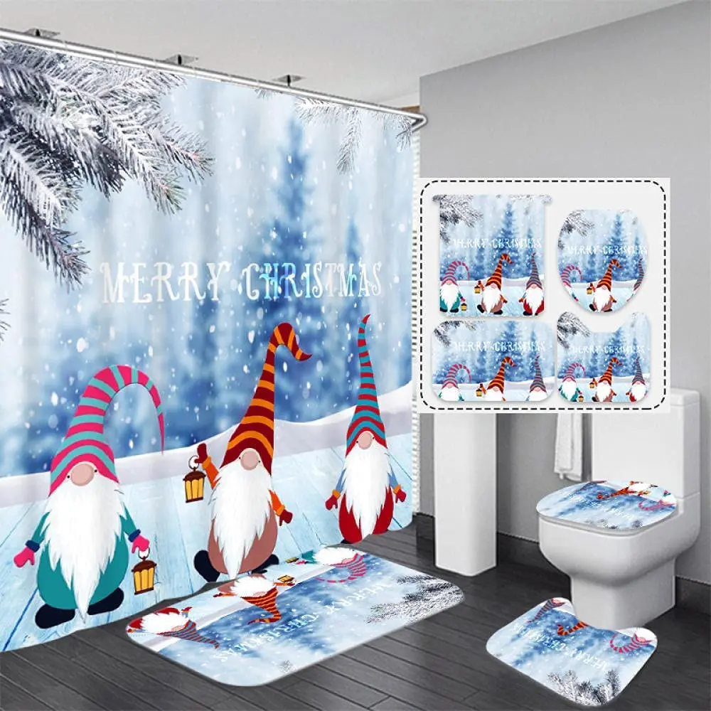 Christmas Gnome Print Shower Curtain Set Carpet Cover Toilet Cover Bathroom Mat Cushion Cover Bathroom Curtain Household