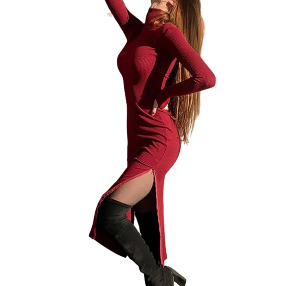 

Модное сексуальное женское платье, однотонное облегающее платье с высоким воротником и длинным рукавом, с высоким разрезом, на молнии, для в...