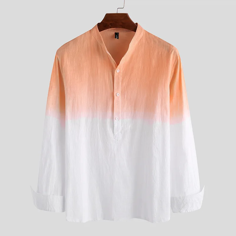 

ICCLEK Mens Shirts Fashion Longsleeve Shirt Hemp Shirt Summer Casual Tops Thin Color Matching Gradient Cotton Linen Clothing