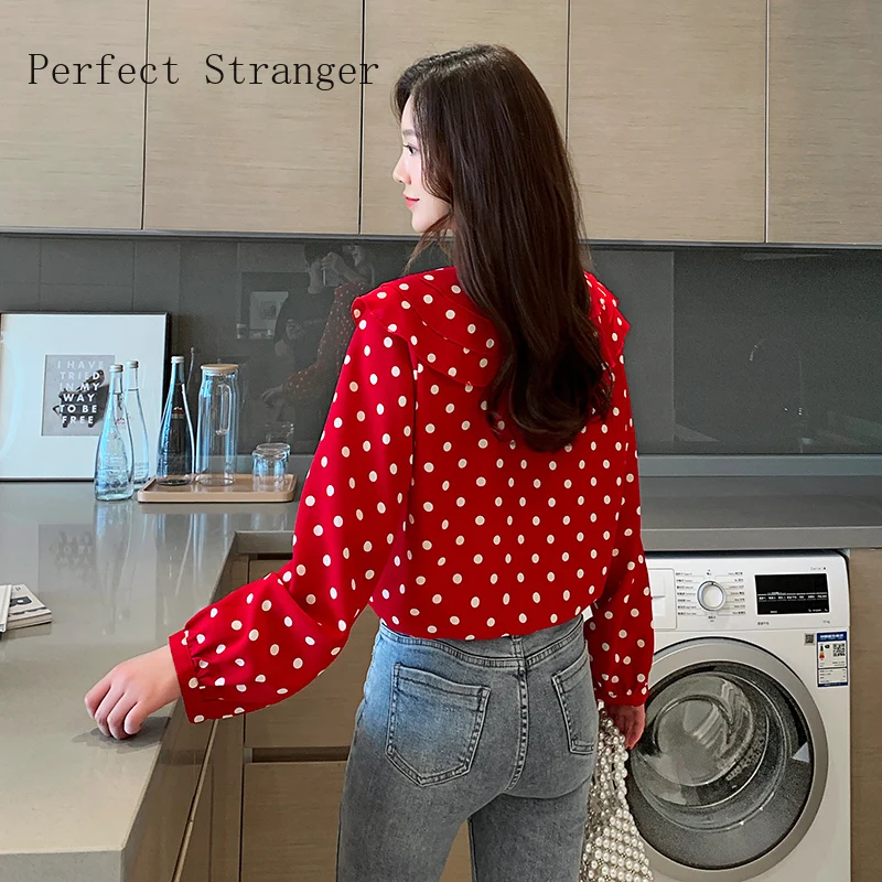 

2020 Spring New Arrival Sweet Peter Pan Collar Dots Printed Long Sleeve Women Chiffon Blouse