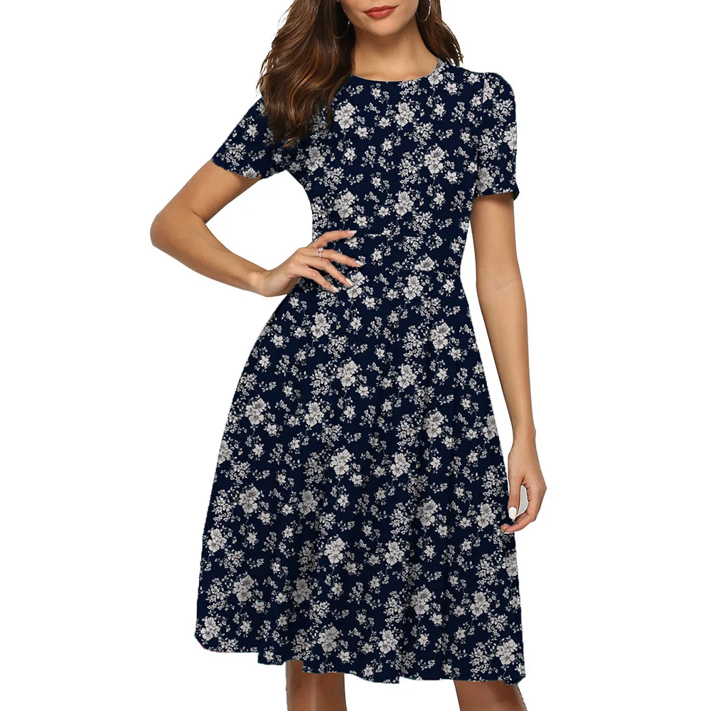 

Dresses for Women 2021 Spring/Summer NewKorean outfitFloral Dress Women's Retro Style Short Sleeve Slim Fit A- line Dress