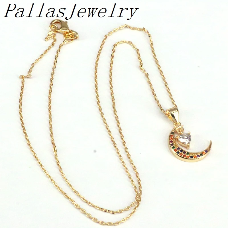 

10Pcs,Trendy Multicolor CZ Cubic Zirconia Micro Paved Crescent Moon Pendant Necklaces For Women Jewelry