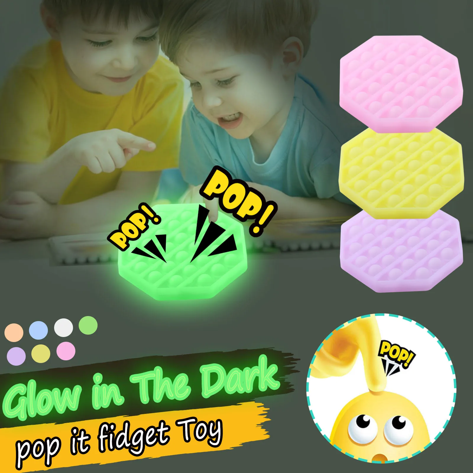 

2020 Happy New Year Colorful Glow in The Dark Push Bubble Fidget Sensory Luminous Stress Relief Toy For Xmas Kids Gift Stress