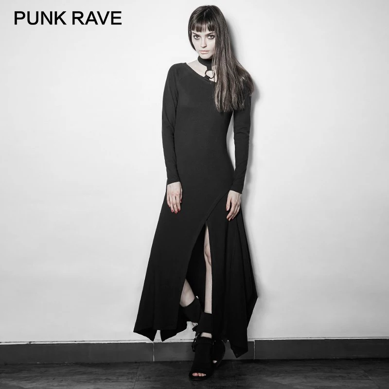Панк рейв асимметричный подол платья для женщин Рок черный сексуальный v