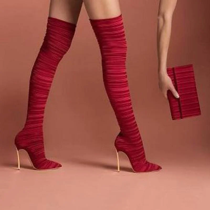 

Winter Autumn New Elastic Pleated Women's 12cm Thin Heel Fashion Boots Pointed Toe Shoes Woman Zapatos De Mujer