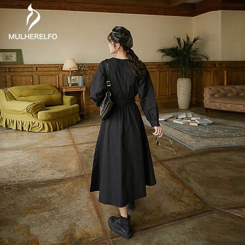 

Black V-Neck Long Sleeves Ladies Workwear Dress Korean Loose Belt Stitching A-Line Dress Women's Clothing Harajuku Midi Dresses
