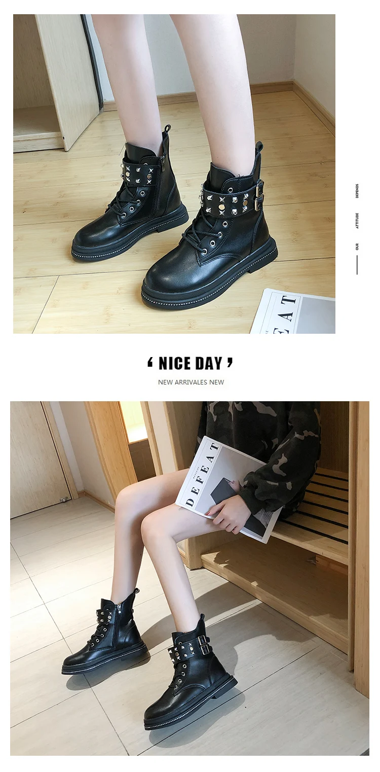 Women's Mid Calf Boots Rivets Shoes Low Heels booties Bootee Woman Booties Ladies Luxury Designer Round Toe Lace Up Rubber