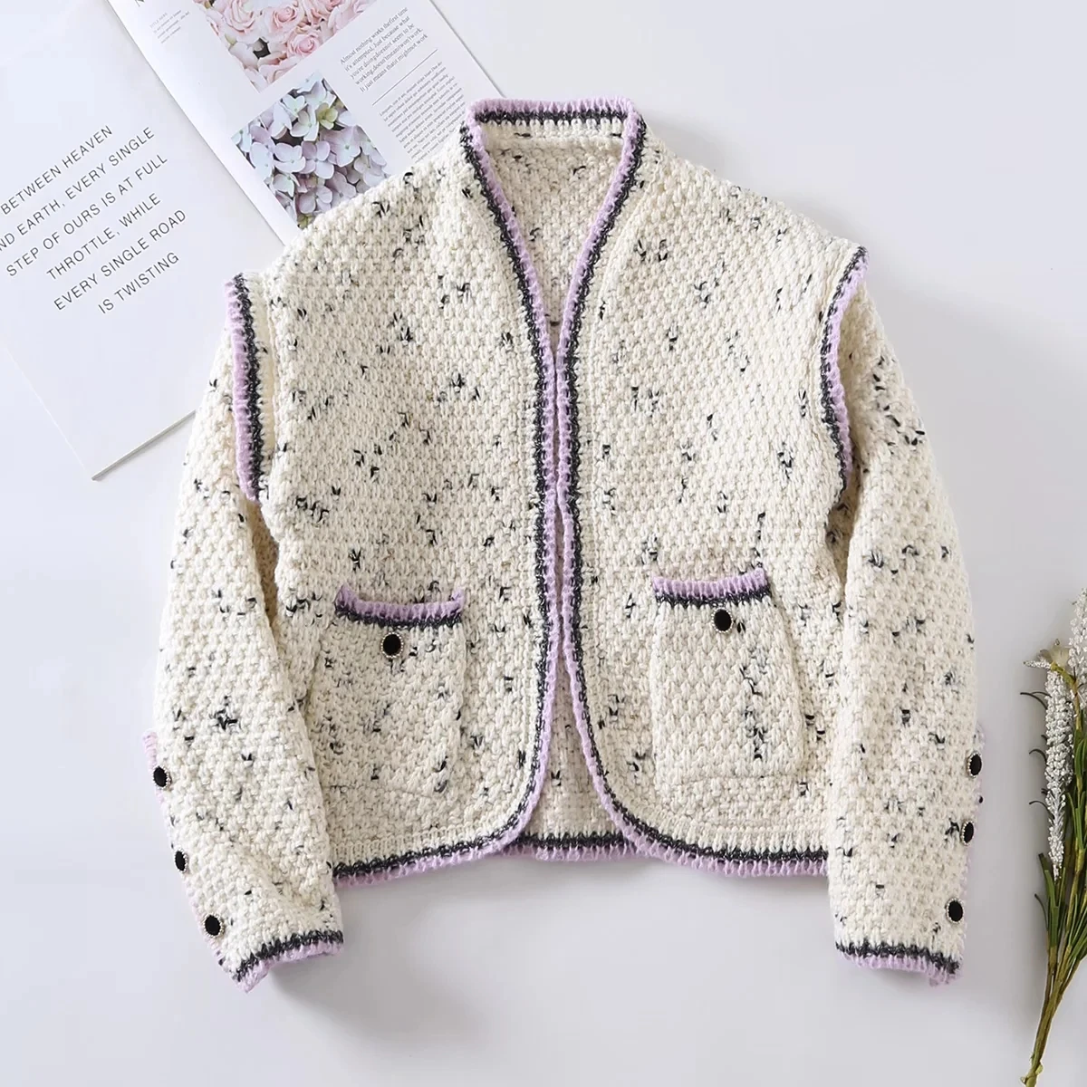 

Za Spring Autumn Women White v-Neck Single-Breasted Pocket Design Trimming Chic Buttons Long-Sleeved Sweater Cardigan Girly