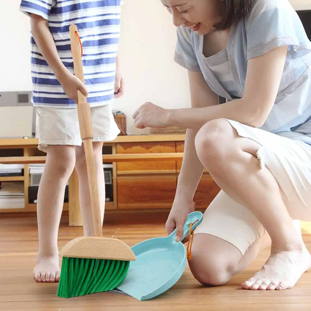 

Wooden Kids Detachable Cleaning Tool Set Toys Broom Mop Dustpan Brush Hanging Stand Kid-Sized Room Cleaning Pretend Game