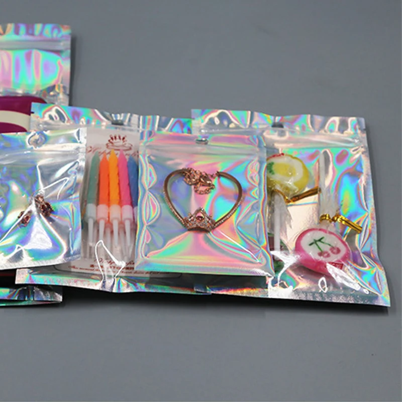 

Laser Ziplock Bag Holographic Jewelry Thick Aluminum Foil Zip Lock Bags Cosmetic Packaging Self Sealing Gift Storage Bag 100pcs
