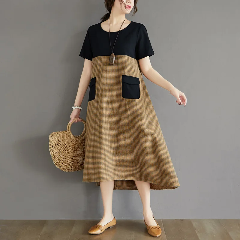 Women Cotton Linen Shirt Dress Summer Plus Size Short Sleeve Color Block Casual Art Loose Midi Robe Tunic Vestidos Kaftan Женская