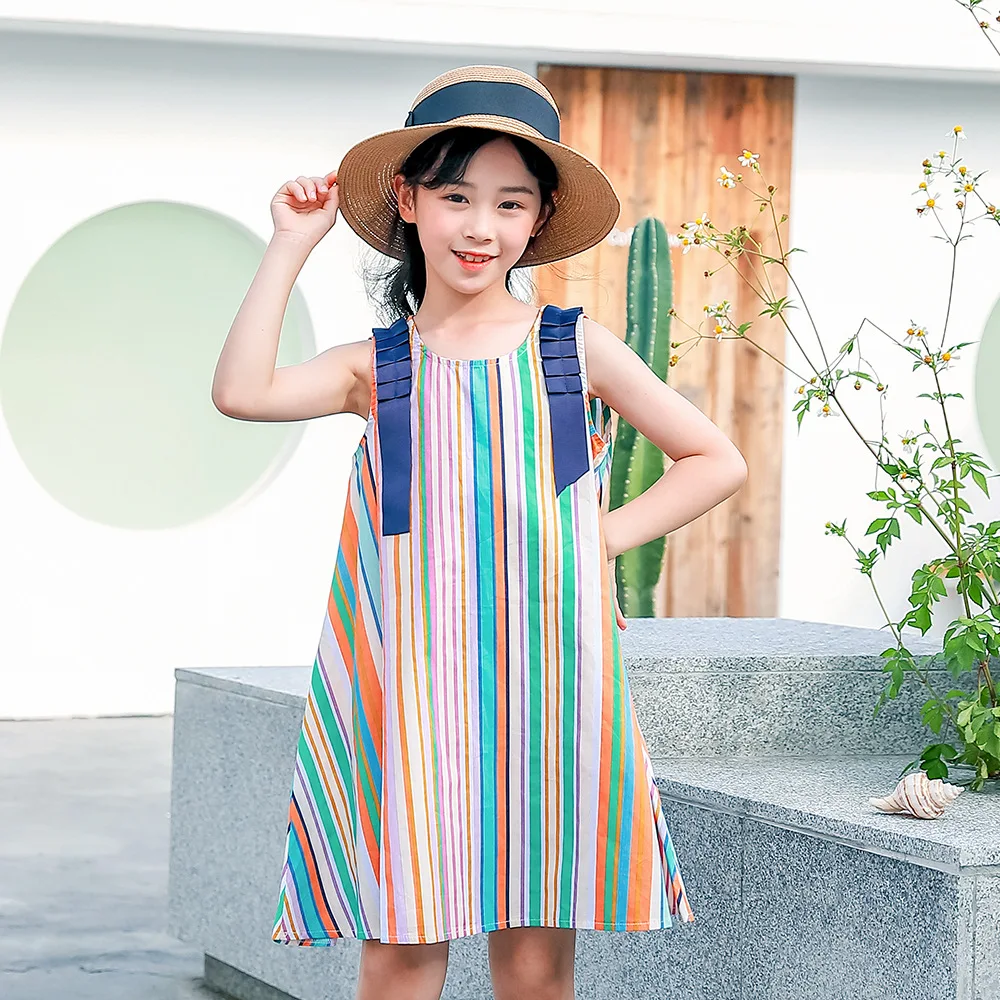 

Girls Clothes Summer Sleeveless Striped Dress New 2021 Teen Girls Beach Vest Dress Korean Style Kids Princess Dresses 6 8 10 12Y