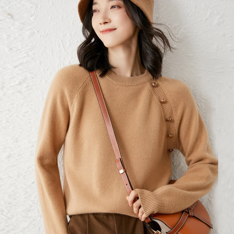 

Женский кашемировый свитер на пуговицах, Свободный пуловер с полувысоким воротником, утепленный вязаный пуловер с внутренним слоем, Осень-...