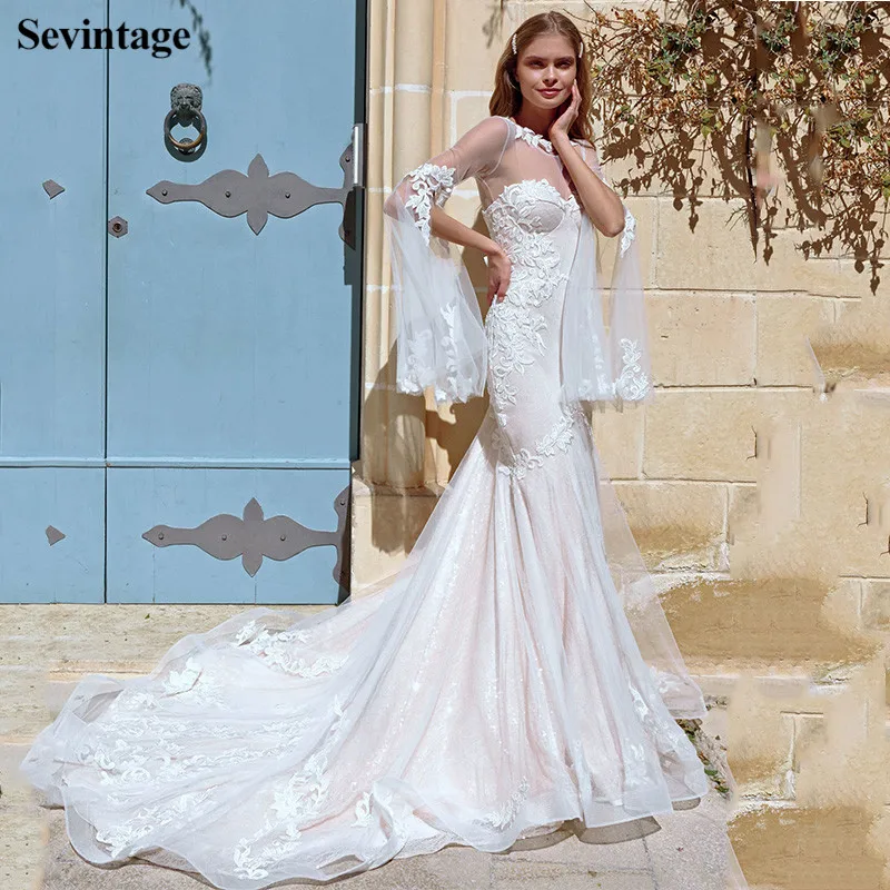 Платье женское свадебное с юбкой годе и буффами на рукавах|Свадебные платья| |