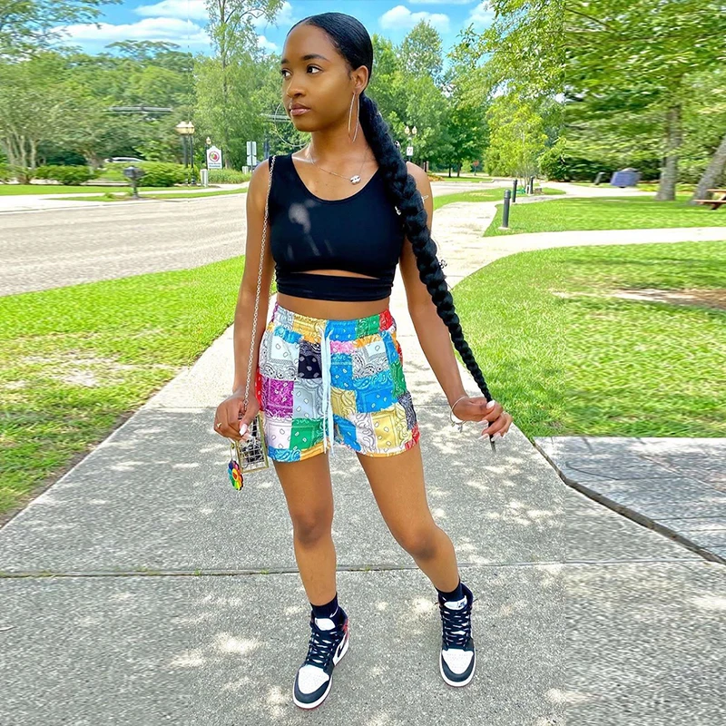 

TNNAOFF Plus Size Bandana Patchwork Shorts for Women Summer Clothing Fashion Beach Wear Lace Up Loose Casual Swimsuit Shorts