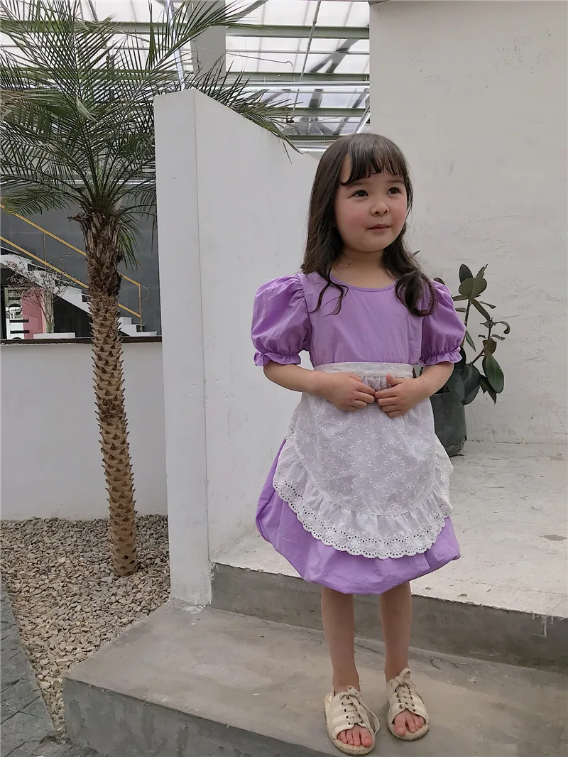 Korean Style New 2020 Summer Baby Girls Violet Princess Dresses Puff Sleeve Retro Lace Apron Maid Costumes Toddlers Kids Dress | Детская