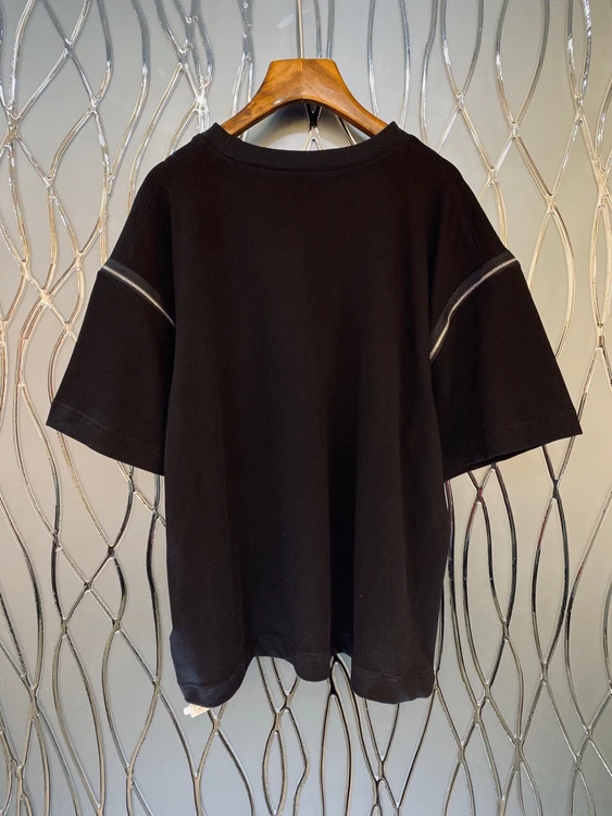 

2021 spring and summer new women's round neck sleeve shoulder zipper decoration short sleeve versatile loose top 309