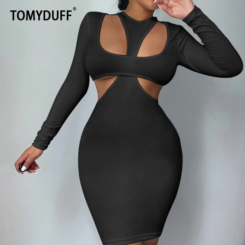 

TOMYDUFF Summer New Women's Round Neck Long Sleeve Short Dress Sexy Solid Color Dress Hollow Chest Hip Skirt Street Wear