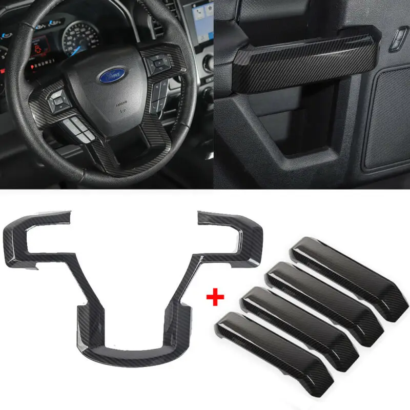 

Carbon Fiber Interior Steering Wheel Cover Door Handle Trim For Ford F150 2015-2019 Black New