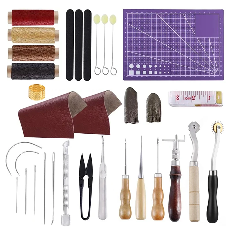 

LMDZ Versatile Leather Repair Purse Kit 34 Pcs Leather Working Supplies,Leather Making Tool Kit with Awl,Waxed Thread,Groover