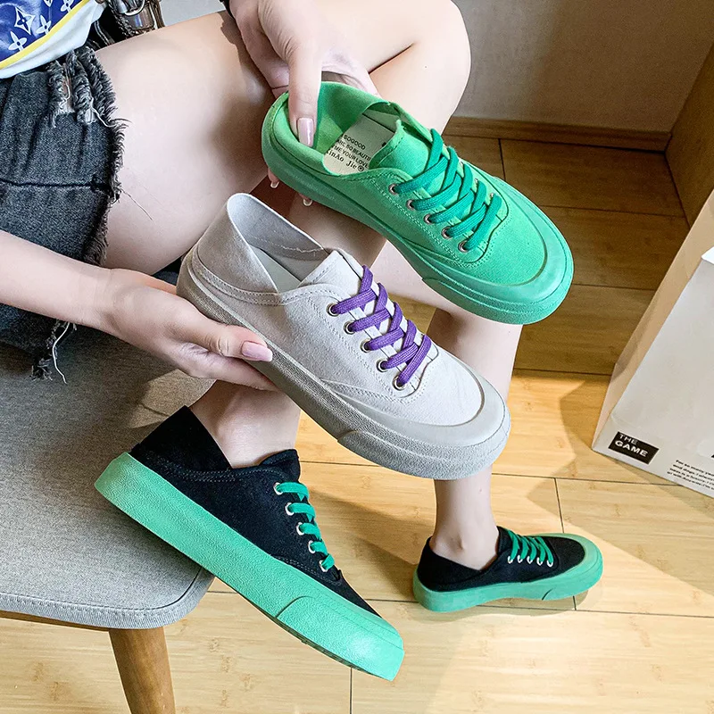 

2021 Fashion low Top Sneakers Canvas Shoes Women Casual Shoes Flat Female Basket Lace Up Solid Trainers Chaussure femme