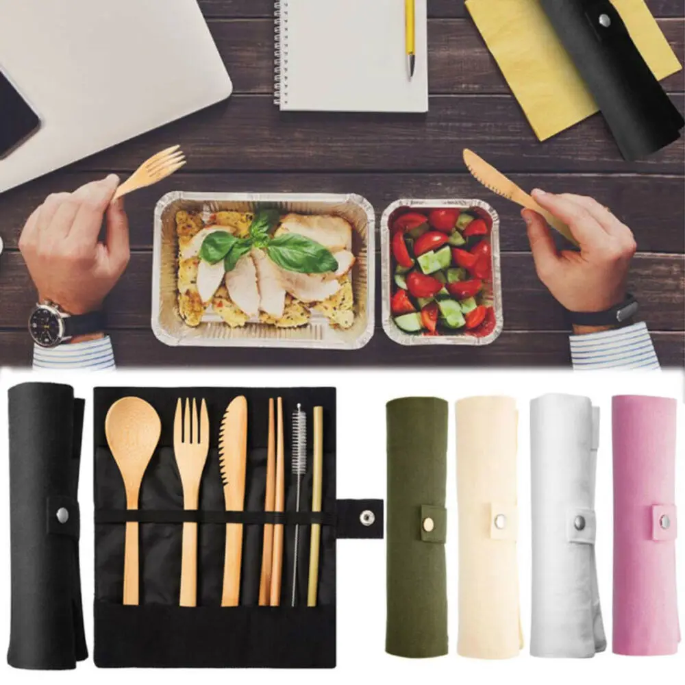 Портативный Бамбуковый многоразовый набор столовых приборов и соломинка из