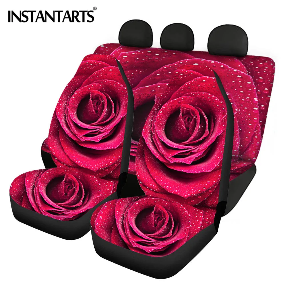 

INSTANTARTS Fashion Rose Flower Pattern Comfortable Floral Car Seat Covers Washable Front and Back Vehicle Seat Cushion Durable