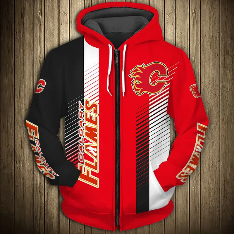 

Calgary men's casual 3D zipper hoodie Black and red stitching stripes design burning flame print Flames sweatshirt