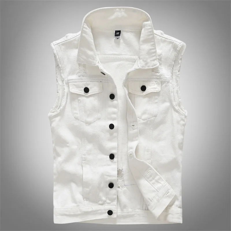 

Ripped Jean Jacket Men's White Denim Vest Hip Hop Jean Waistcoat Men Cowboy Letter Print Sleeveless Jacket Male BIg Size 4XL 5XL