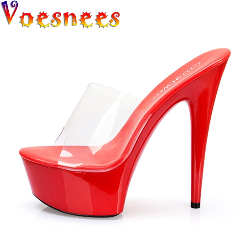 

High Quality Big Yards Slipper 34-44 Women Shoes Slides Ultra-high-heeled 15cm Platform Wedding Shoe Stransparent Slippers