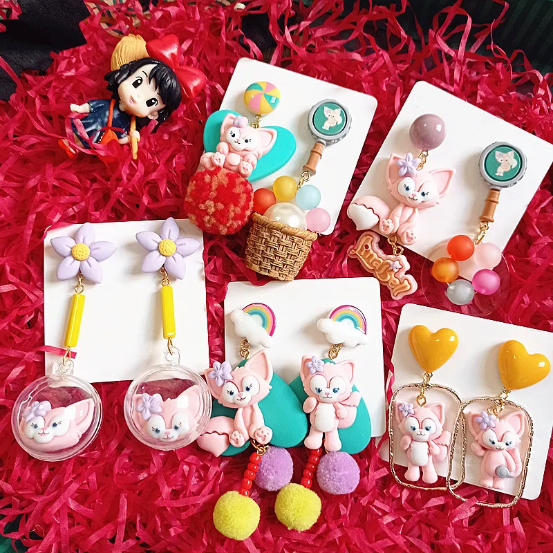 

Disney Anime Accessories Linabell Cute Resin Earrings Pink Fox Fashion Women Ear Drops Cosplay Yellow Heart Ears Decoration