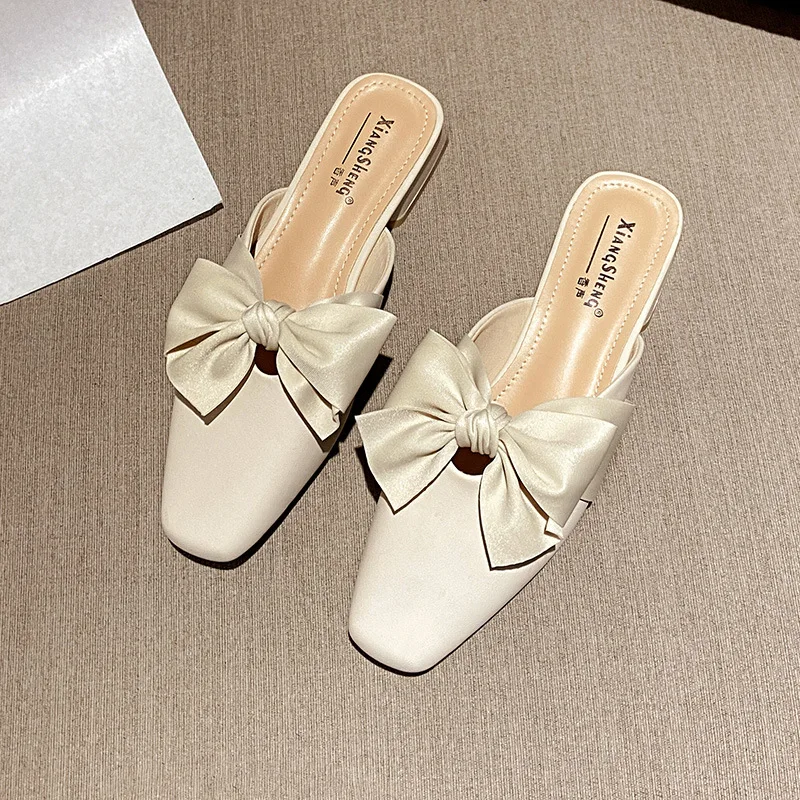 

Korean Fashion Women Shoes Slip on Mules Slippers Block Low Heels Slides Cute Bowknot Female Feetwear Zapatos De Mujer