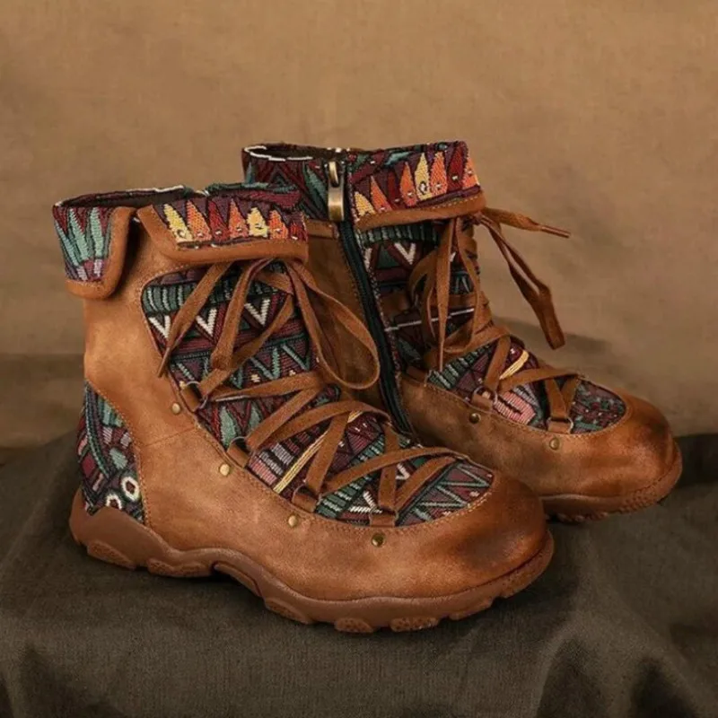 2021 Women's Ladies Retro Bohemian Style Ankle Zip Short Boots Booties Casual Shoes Women's Winter Boots Botas Mujer Invierno