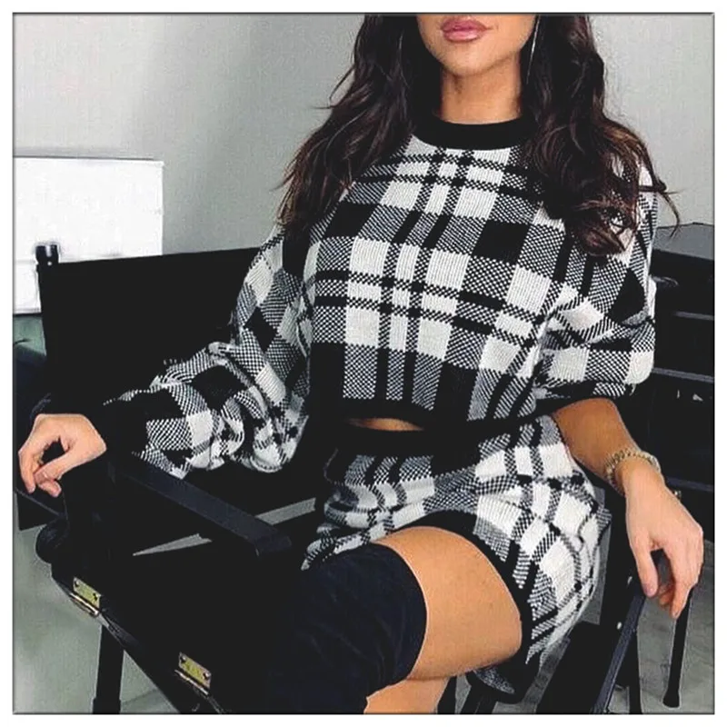 Клетчатое Трикотажное короткое сексуальное осеннее платье Женское зимнее