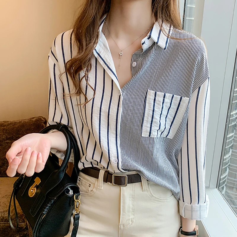 

Shintimes Striped Casual Pockets Long Sleeve Shirt Women Cotton Blouse Ladies Clothes 2020 Button Womens Tops Chemisier Femme