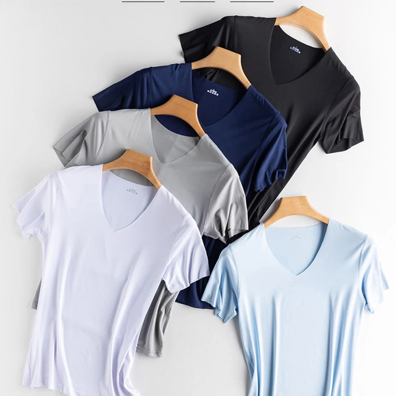 

2020 Men T Shirt Fitness Elastic Ice T-shirts Mens V Neck Short Sleeve for Male Micro Fiber Tshirts M-5XL Clothing Free Shipping