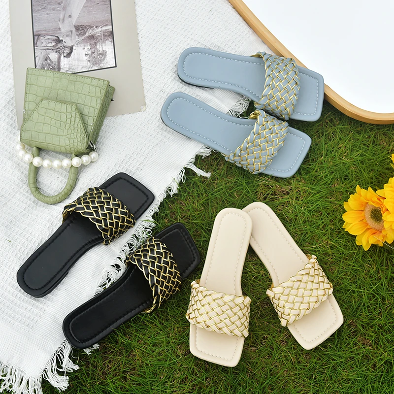 

Women Temperament Slippers Braided Design Open-toe 2021 Fashion Vacation Beach Flat Sandals Casual Flip Flops Women Shoes