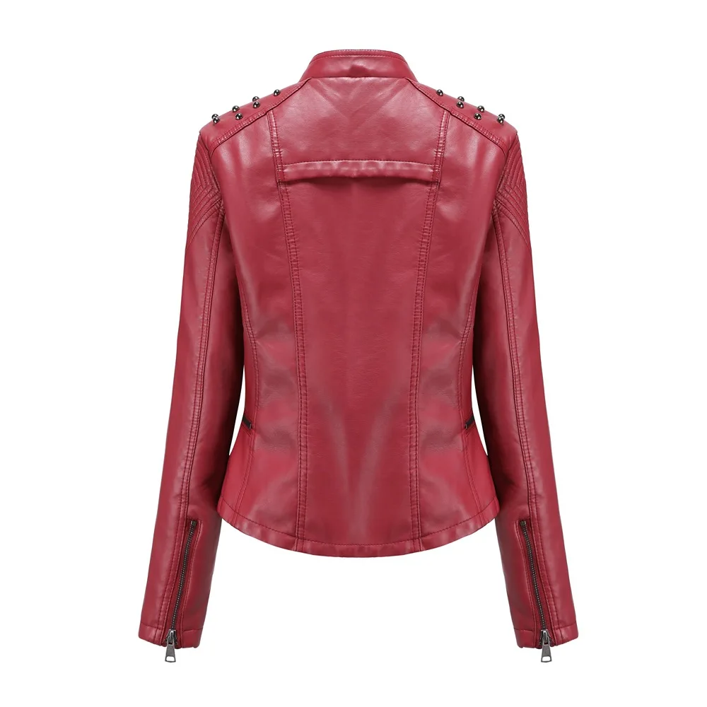 Women Red Pink Brown Faux Soft Leather Jacket Coat Turn-down Collar Casual Pu Motorcycle Slim Fit Jackets Punk Rivet Outerwear