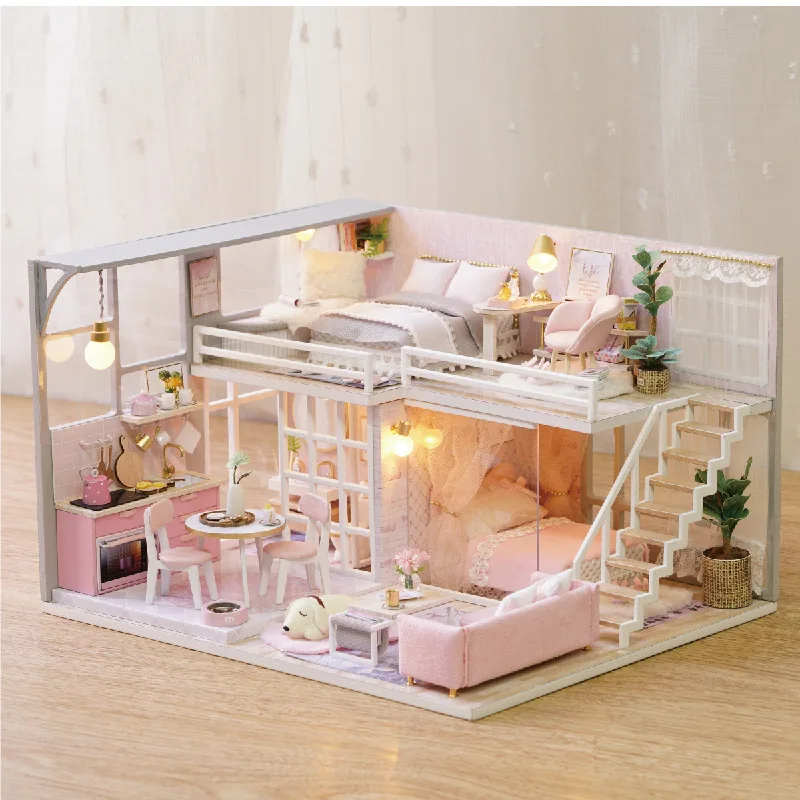 

Mini Wooden Doll House DIY Doll House Miniature Dollhouse with Led Light Dust Cover House Birthday Gifts 12-15 Years