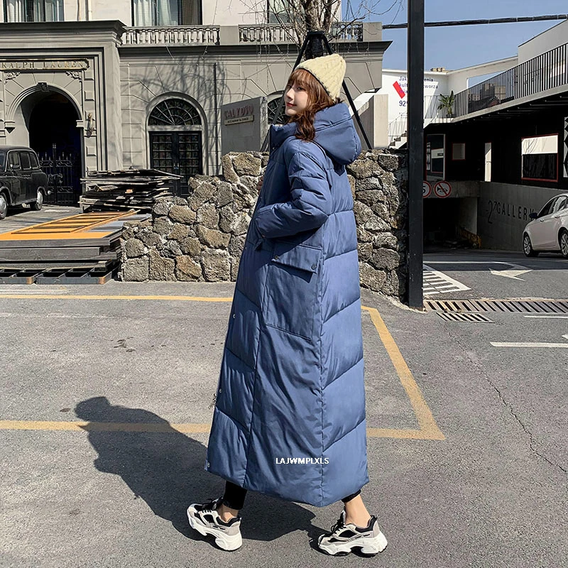 Длинная зимняя женская куртка X Long с капюшоном Синяя/черная свободная утепленная