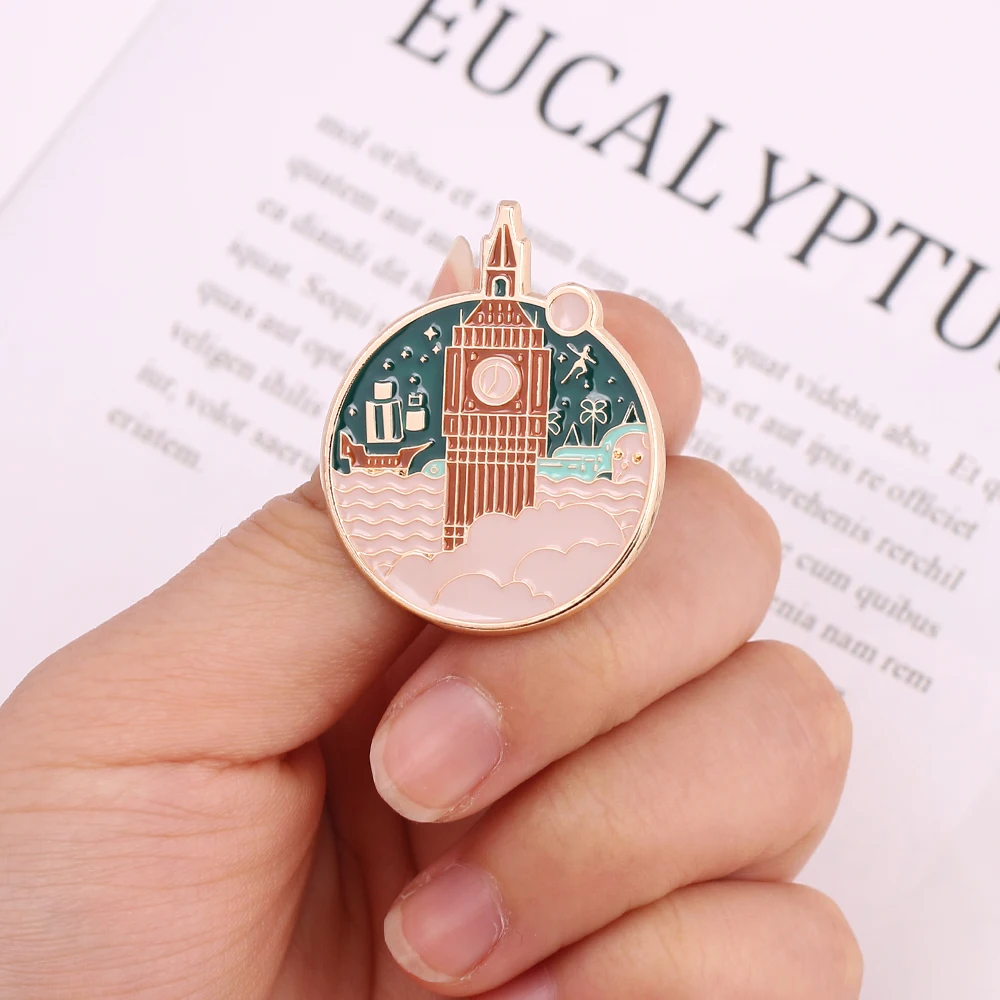 Оптовая продажа Биг Бен Броши Эмаль на булавке геометрические милые заколки с