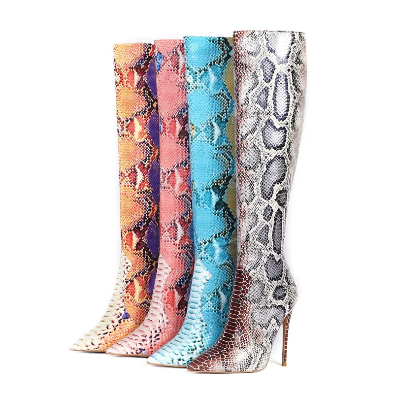 Snakeskin Pattern Women High Knee Boots Sexy Ladies Stiletto High Heels Party Shoes Pointed Toe Snake Skin Demonia Boots 2022