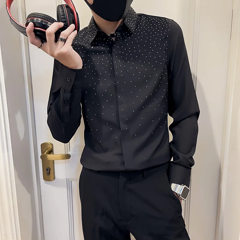 

Luxury Hot Drilling Men Shirts 2021 Long-sleeved Slim Casual Shirt Nightclub Clothing Social Party Stage Singer Chemise Homme
