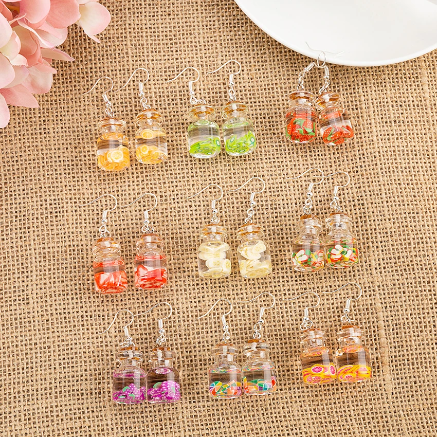 1 пара женской обуви серьги в виде капель с стеклянная бутылка фруктами подвески