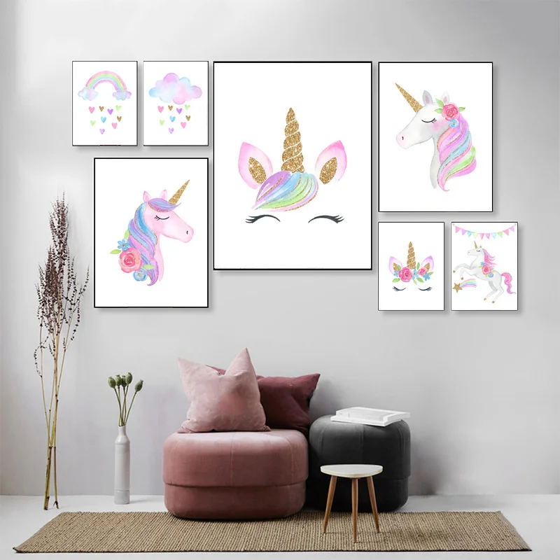 Радужное декорирование комнаты для девочки с единорогами - постеры, холст для живописи, изображения, плакаты в северном стиле для детской спальни.