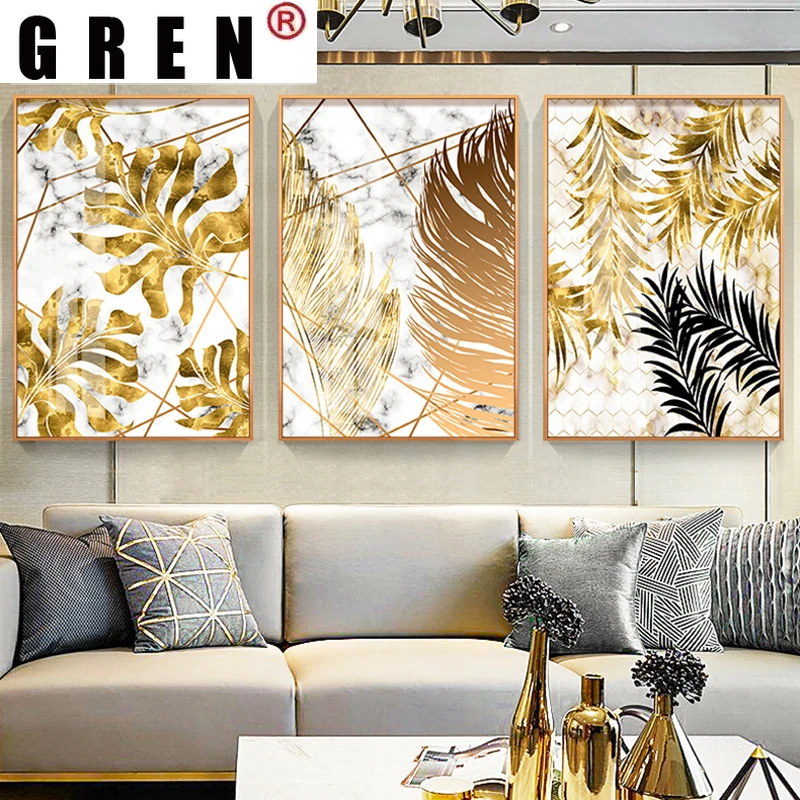 

GREN Modern Golden Plant Leaves Canvas Painting Wall Art Abstract Print Poster Decorative Picture Living Room Bedroom Home Decor