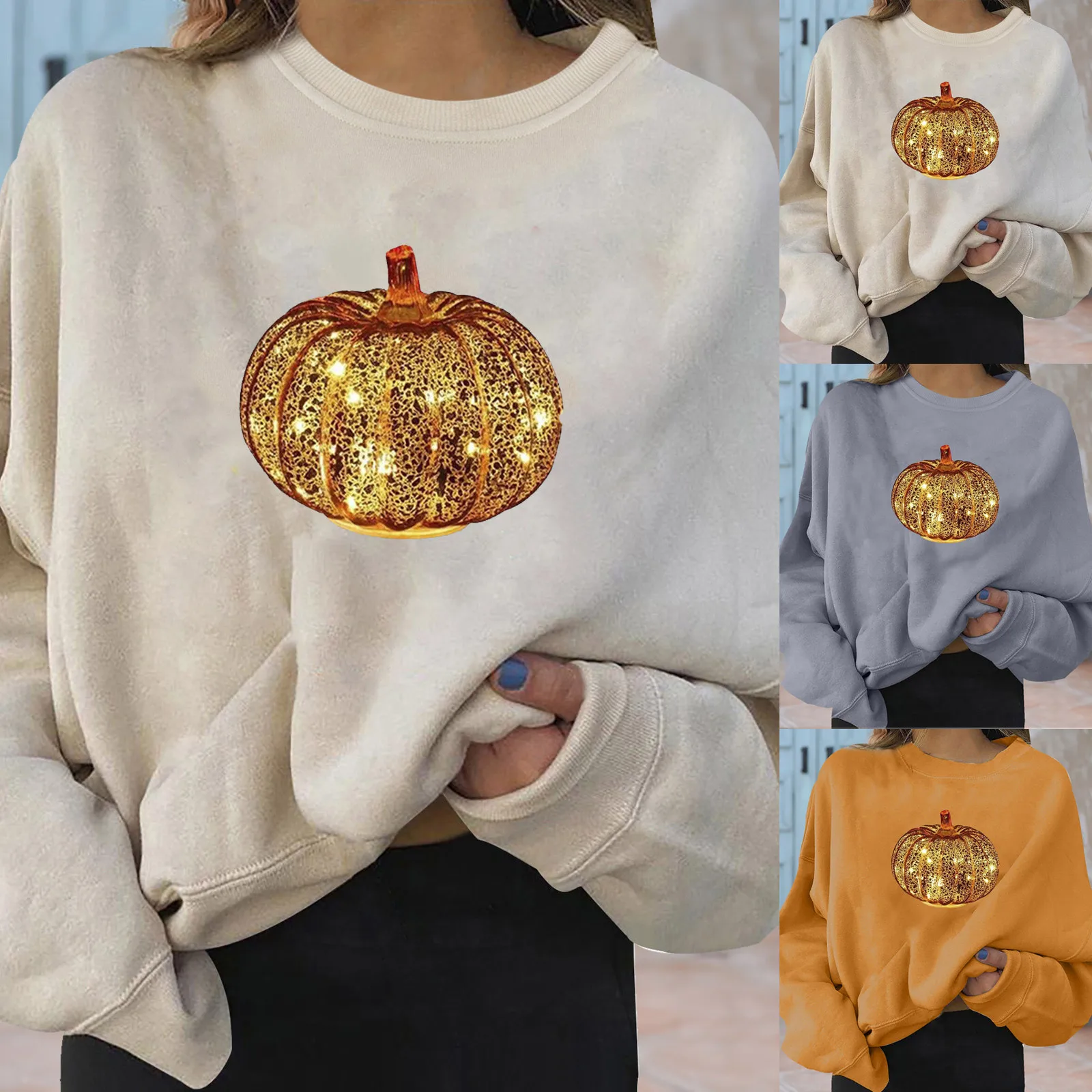 

Sequins Pumpkin Printed Harajuku Hoodie Women Clothing Casual Long Sleeve Round Neck Sweatshirts Halloween Vintage Loose Top