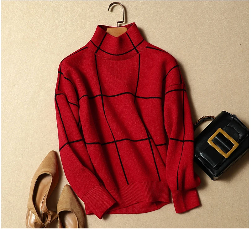 

Свитер с высоким воротником, новинка осенне-зимний пуловер, женский свитер с длинными рукавами в клетку B138