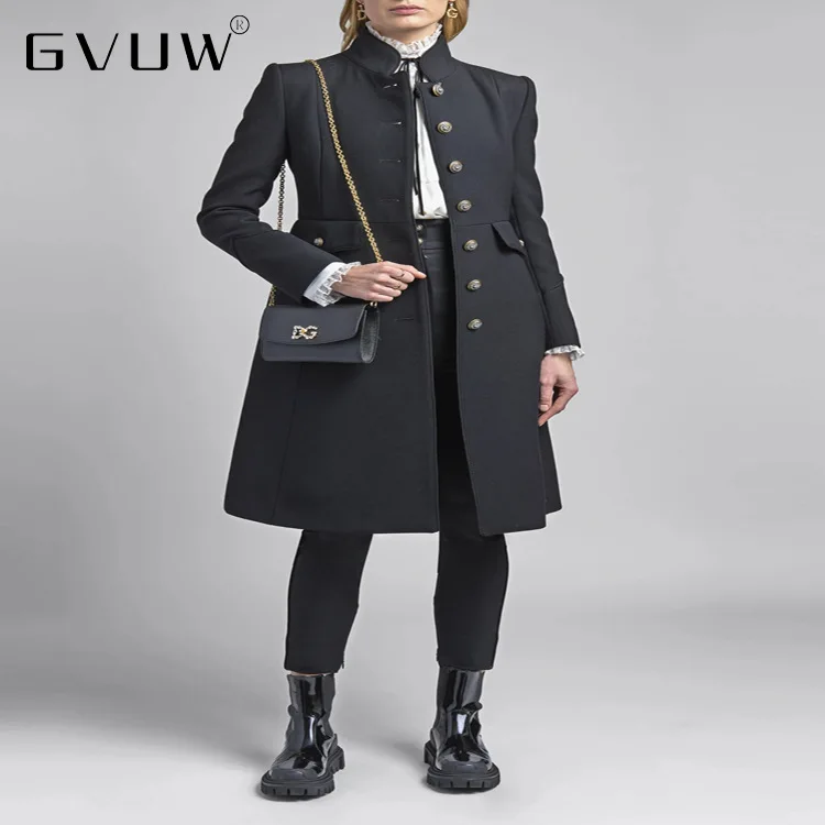 

Новинка Осень-зима 2021, однобортное тонкое шерстяное пальто А-образной формы с воротником-стойкой GVUW, Женское пальто, одежда оптом