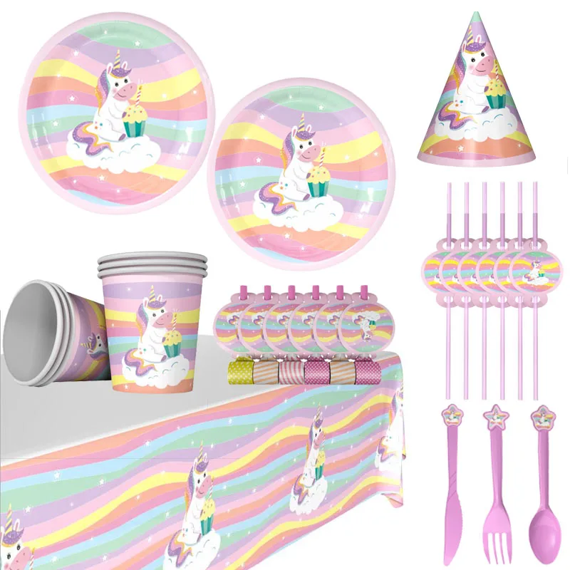 

Cartoon Unicorn Theme Party Disposable Tableware Paper Plate Cup Napkin Banner Baby Kids Birthday Party Decoration Supplies